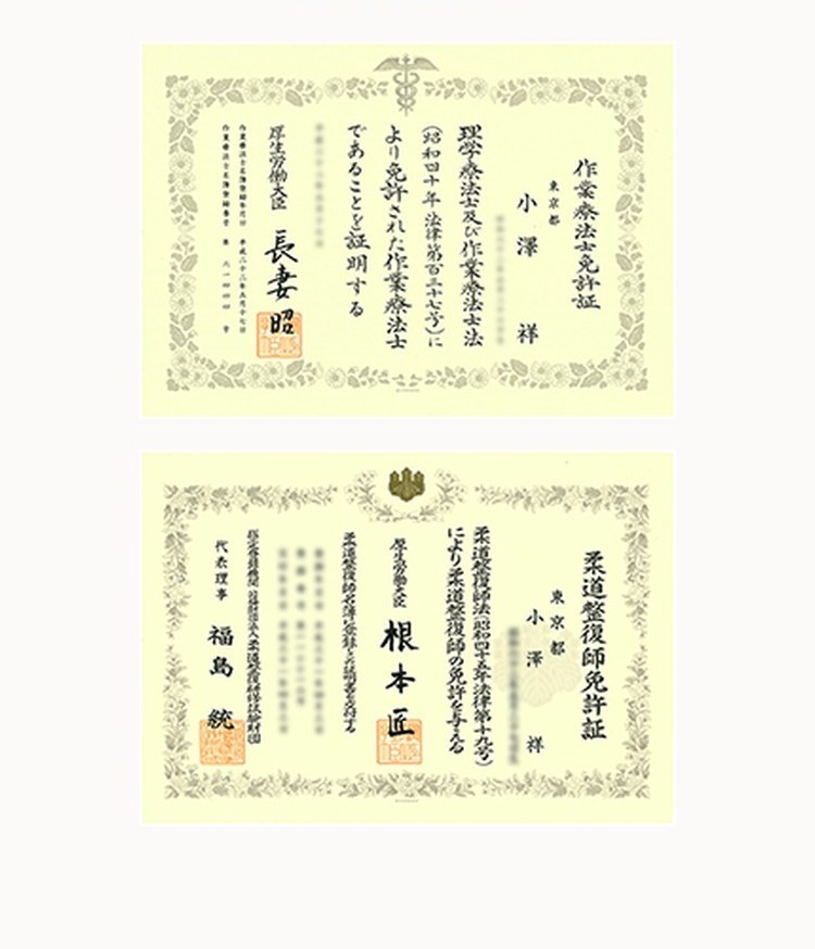 小澤 祥 の作業療法士免許証・柔道整復師免許証